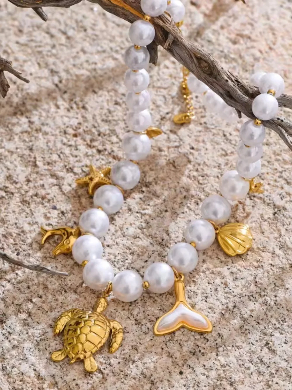 Gold Turtle Pearl Sea Life Charm Necklace
